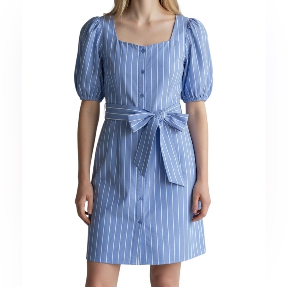NFS Express Pinstripe Puff sleeved Shirt Dress Blue White Stripes Belted Size S